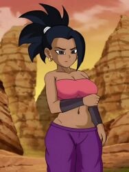 1girls ai_assisted ai_generated animated brown_skin brown_skinned_female caulifla cosplay dragon_ball_super female female_only female_saiyan kale masturbation ponytail saiyan solo standing_masturbation