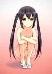 ass azusa_nakano_(k-on!) black_hair brown_eyes cleavage female high_heels highres human human_only k-on! koumo long_hair open_shoes payot photoshop pussy sandals solo squatting tied_hair tiptoes topless twintails uncensored