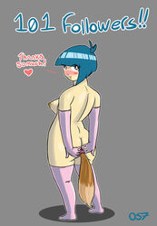 ass ass_grab blue_hair blush breasts butt_plug_tail buttplug buttplug_tail chubby female gloves heart_eyes nipples os7 short_hair solo spread_ass stockings tagme text tumblr