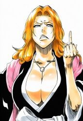 1girls accurate_art_style accurate_body_type ai_generated angry between_breasts big_breasts black_kimono bleach blue_eyes breasts busty cel_shading chain_necklace chains cleavage cleavage_focus clenched_teeth clothed clothing collarbone facing_viewer female female_focus female_only flipping_off from_below front_view frown hair_over_shoulder half-closed_eyes hand_up haori highres japanese_clothes jewelry kimono large_breasts light-skinned_female light_skin line_art long_hair looking_at_viewer manga_style matsumoto_rangiku mature_female middle_finger mole mole_under_mouth necklace neutral_expression no_bra orange_hair parted_lips pink_scarf portrait sash scarf scowl shawl shihakusho shinigami shiny_hair shiny_skin simple_background smile smirk solo solo_focus teeth tite_kubo_style traditional_clothes upper_body viewed_from_below wavy_hair white_background white_sash wide_sleeves