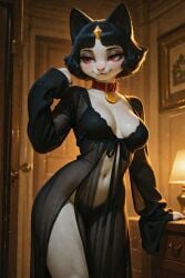 1girls ai_generated anthro_female black_hair cat cat_girl feline female jezzebelle_(scorpianpp) meowth original_character pokemon pokemon_(species) red_eyes scorpianpp self_upload short_hair stable_diffusion white_fur