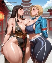 2girls after_kiss ai_generated akiman_pose ambiguous_imagination amblmagination asian_female big_ass big_breasts blonde_hair blue_eyes braided_twintails breasts_pressed_against_another brown_eyes brown_hair cammy_white capcom china_dress chun-li cleavage curvaceous curvy_female dress dress_slit exposed_thighs female female_focus hourglass_figure huge_ass kiss_on_lips large_breasts light-skinned_female light_skin long_hair nipple_bulge outdoors saliva_string short_hair sports_bra standing street_fighter street_fighter_6 sweating thick thick_thighs voluptuous voluptuous_female wide_hips yuri