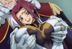1boy 1girls age_difference ai_generated alternate_timeline big_breasts blue_eyes breast_grab breasts charles_zi_britannia code_geass female grabbing_breasts grabbing_from_behind groping huge_breasts kallen_stadtfeld knights_of_the_round male netorare nipple_bulge old_male older_male older_male_and_younger_female red_hair uniform younger_female