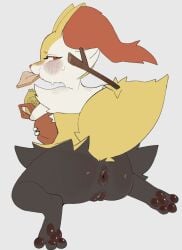 anthro anus ass braixen bread canid eating eating_food female fluffy fluffy_tail food fur generation_6_pokemon genitals hi_res inner_ear_fluff kneeling looking_at_viewer looking_back looking_back_at_viewer mammal nintendo nude nude_anthro nude_female pawpads pokemon pokemon_(species) red_eyes skeleton265 solo stick tail tuft vulva yellow_body yellow_fur