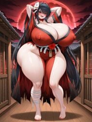 1girls :d ai_generated armpits arms_behind_head aroused azur_lane blush breasts curvy female gigantic_breasts in_heat japanese_architecture mini_giantess moon nipple_bulge open_mouth red_moon red_toenails smile solo stable_diffusion taihou_(azur_lane) taihou_(meta)_(azur_lane) tall_female tall_girl teeth thick_thighs tongue_out wide_hips