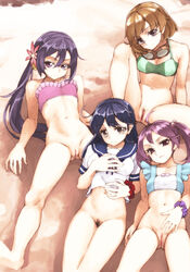 4girls akebono_(kantai_collection) arimura_yuu beach bikini black_hair bottomless breasts brown_hair cleavage goggles goggles_around_neck highres kantai_collection light_smile long_hair looking_at_viewer lying multiple_girls oboro_(kantai_collection) on_back ponytail pubic_hair purple_eyes purple_hair sazanami_(kantai_collection) short_hair sitting small_breasts spread_legs swimsuit tied_hair twintails uncensored ushio_(kantai_collection)