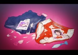 2girls brown_hair buruma clothes_on_floor commentary_request condom cum cum_on_clothes cum_on_picture highres hololive implied_after_sex long_hair miga_(migao) multiple_condoms multiple_girls no_humans oozora_subaru pink_hair polaroid_photo purple_hair short_hair tokoyami_towa unworn_clothes used_condom virtual_youtuber