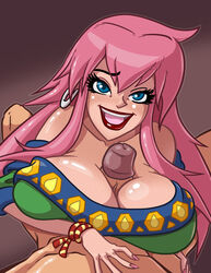 1boy 1girls alternate_breast_size bare_shoulders big_breasts blue_eyes breast_press breasts cleavage dress elle female huge_breasts large_breasts lipstick long_hair male nail_polish open_mouth paizuri paizuri_under_clothes penis phazyn pink_hair pov soulblazer_trilogy straight terranigma