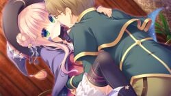 1boy 1girl bow brown_hair cape capelet donut_hair_bun dutch_angle etoile_terre face-to-face faceless faceless_male farnese_atlas frilled_sleeves frills from_side game_asset glasses green_capelet green_eyes green_jacket green_pants hair_bow hair_bun hair_ornament hand_on_another's_back hands_on_another's_shoulders hat highres hoshi_furu_yoru_no_farnese imminent_penetration indoors jacket knees_up long_hair long_sidelocks long_sleeves missionary non-web_source on_table pants pink_hair purple_bow purple_cape purple_hat self-datamine short_hair sidelocks sitting standing table witch_hat yukie_(peach_candy)