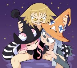 1futa 3girls bilateral_penetration black_dress black_headwear blonde_hair blush closed_eyes cooperative_fellatio diphallia diphallism dress erection eruka_frog fellatio fff_threesome futa_with_female futanari grey_eyes grey_hair grin group_sex hat licking licking_penis long_hair long_sleeves long_tongue medusa_gorgon miscon mizune multiple_girls oral pantyhose penis pink_hair polka_dot saliva short_hair sitting smile soul_eater spread_legs striped_clothes striped_dress striped_pantyhose teamwork teeth testicles threesome tongue tongue_out witch_hat yellow_eyes