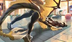 anthro athletic ball big_breasts bone breasts claws clothing dragon evil_devil_killer exercise_ball female footwear fur genitals hexera hi_res honeycomb humanoid hybrid interspecies mammal mythological_creature mythological_scalie mythology nude nude_female scalie shoes skull skull_head sneakers solo tail vulva wings yoga yoga_mat