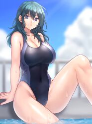 absurdres alternate_costume arm_support bare_arms bare_shoulders black_one-piece_swimsuit blue_eyes blue_hair blue_sky breasts cleavage cloud collarbone commentary_request competition_swimsuit covered_navel female female_byleth_(fire_emblem) fire_emblem fire_emblem:_three_houses hair_between_eyes hazuki_(nyorosuke) highres large_breasts long_hair looking_at_viewer nintendo one-piece_swimsuit outdoors parted_lips poolside sitting sky swimsuit thighs water wet