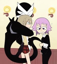 1other 2boys androgynous black_bodysuit black_dress blonde_hair blush bodysuit bulge clenched_teeth covered_penis crona_(soul_eater) cum cum_in_clothes ejaculation erection erection_under_clothes feet_out_of_frame female flying_sweatdrops futanari green_eyes hair_between_eyes hug indoors long_sleeves looking_at_another maka_albarn miniskirt miscon multiple_boys open_mouth penis pink_hair plaid plaid_skirt pleated_skirt precum purple_eyes purple_hair ragnarok_(soul_eater) red_skirt school_uniform shirt short_hair skirt soul_eater standing straight teeth vest white_shirt x_x yaoi