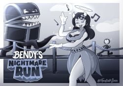 2026 2d 2d_(artwork) 2d_artwork alice_angel angel angel_girl artist_logo artist_name beanontoast bendy_and_the_ink_machine bendy_the_dancing_demon big_breasts black_body black_hair demon female halo hula_dancer hula_skirt monochrome tentacle tentacle_monster tentacles thick_thighs white_body