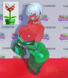 1girls absurdres ahoge bilingual_commentary breasts colored_skin commentary english_commentary female female_only green_clothing green_dress green_skirt hair_over_eyes highres hintobento holding huge_breasts humanized mario_(series) mixed-language_commentary nintendo personification piranha_plant platform_heels polka_dot red_carpet red_skin sharp_teeth shoes skirt smile solo super_mario_galaxy_(2026_film) teeth white_hair white_nails