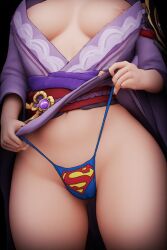 1girls 3d ai_assisted ai_generated dc dc_comics faceless female genshin_impact kimono kimono_lift print_panties raiden_shogun solo solo_female solo_focus superman superman_(series) thong thong_bikini thong_panties
