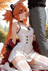 1boy ai_generated bare_shoulders blush breasts choker dress eyepatch fellatio female garter_straps jacket kermixx kneeling koleda_belobog long_hair oral orange_hair outdoors pants penis saliva small_breasts solo_focus straight sweat thighhighs twintails white_dress zenless_zone_zero