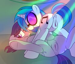 anatomically_correct anatomically_correct_anus anatomically_correct_pussy anus black_hair blue_eyes blue_hair clitoris cutie_mark datte-before-dawn duo equine eyewear female friendship_is_magic fur furry glasses green_fur hair horn horse inside mammal multicolored_hair my_little_pony octavia_melody pony pussy pussy_juice smile teeth two_tone_hair vinyl_scratch_(mlp) white_fur yuri