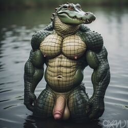 ai_generated anthro balls crocodile furry male muscular muscular_male oxandi penis realistic swamp water