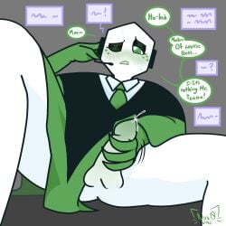 battat_(deltarune) calling clip_studio_paint_(medium) cock cum deltarune deltarune_chapter_3 dick green headset male_only masturbation object_head pippins_(deltarune) poncho solo_male suit suit_and_tie talking tenna_(deltarune) white whore_eyes workplace
