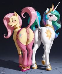 ai_generated anus artas9972 ass blush closed_eyes equine_anus equine_genitalia equine_pussy feral fluttershy_(mlp) friendship_is_magic furry harem_outfit hooves horn my_little_pony princess_celestia_(mlp) pussy tail unicorn