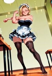 ai_generated alternate_costume android_18 apron bangs bare_shoulders biceps black_dress black_thighhighs blonde_hair blue_eyes blush breasts cleavage collarbone dragon_ball dragon_ball_super dragon_ball_z dress earrings enmaided female flexing forehead frilled_apron frilled_dress frills full_body indoors jewelry large_breasts looking_at_viewer maid maid_apron maid_headdress muscular muscular_female no_shoes parted_lips patreon_username shiny short_dress short_hair skindentation smile solo sort45 standing strapless strapless_dress stretching table thick_thighs thighhighs thighs trembling waist_apron watermark white_apron