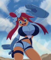 absurdres big_breasts blue_eyes blue_jacket blue_shorts breasts canni_can cloud cloudy_sky commentary cropped_jacket game_freak hair_between_eyes highres huge_breasts jacket large_breasts massive_breasts midriff navel nintendo one_side_up pokemon pokemon_black_&_white pokemon_bw pouch red_hair short_hair_with_long_locks short_shorts shorts sky skyla_(pokemon) smile tan tan_body tan_skin tanned_female thick_thighs thigh_pouch thighs turtleneck turtleneck_jacket