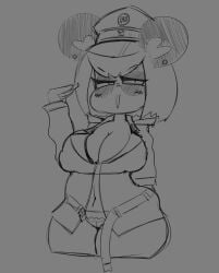 1girl animal_ears arm_behind_back bear belt blush breasts cleavage cropped_legs greyscale half-closed_eyes hat huge_breasts jacket large_breasts monochrome navel nazi_uniform panda panda_ears panties peaked_cap praya_the_panda questionable salute short_hair sketch solo underwear uniform unzipped urbanica wide_hips