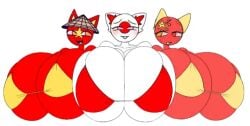 3girls artist_request bikini cat_ears china_(countryhumans) conical_hat countryhumans_girl heterochromia hyper japan_(countryhumans) no_legs red_body source_request vietnam_(countryhumans) white_background white_body
