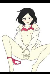1girls anus barefoot blush bra bra_lift breasts female female_focus female_only fingering heavy_breathing masturbation open_mouth panties_around_one_leg pink_nipples shirt_open small_nipples solo spread_legs