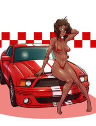 1girls barefoot bikini black_hair blue_eyes breasts brown_hair car checkered_background cleavage clothing dark-skinned_female dark_skin feet female gunsmith_cats human john_doe micro_bikini navel rally_vincent red_background red_car short_hair sitting solo underboob white_background