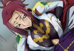 1boy 1girls age_difference ai_generated alternate_timeline big_breasts breast_grab breasts charles_zi_britannia clothed_paizuri code_geass female huge_breasts kallen_stadtfeld knights_of_the_round male netorare nipple_bulge paizuri penis pov red_hair titjob uniform