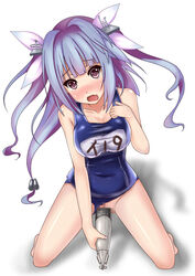 blue_hair blush breasts censored collarbone female female_masturbation full_body hair_ornament hair_ribbon heart heart-shaped_pupils i-19_(kantai_collection) kantai_collection kneeling large_breasts long_hair looking_at_viewer masturbation mosaic_censoring name_tag object_insertion one-piece_swimsuit open_mouth red_eyes ribbon school_swimsuit solo swimsuit swimsuit_aside symbol-shaped_pupils terakoya tied_hair torpedo tri_tails twintails vaginal_object_insertion vaginal_penetration wavy_mouth