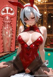 1boy ai_generated alternate_costume animal_ears areola_slip arlecchino_(genshin_impact) bangs bare_shoulders black_eyes black_hair black_pantyhose blush breasts clitoris closed_mouth clothed_sex clothing_aside covered_navel cowgirl_position cross_section cum cum_in_pussy earrings ejaculation fake_animal_ears female hair_between_eyes hairband indoors internal_cumshot jewelry kermixx large_breasts leotard leotard_aside looking_at_viewer multicolored_hair pantyhose penis playboy_bunny pussy rabbit_ears red_leotard sex short_hair smile solo_focus straddling straight sweat symbol-shaped_pupils thighband_pantyhose torn_clothes uncensored uterus vaginal_penetration white_hair wrist_cuffs x-shaped_pupils