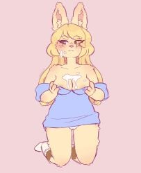 2024 3_fingers anthro arm_tuft arms_bent artist_name bangs bent_legs blonde_eyebrows blonde_hair blue_clothing blue_shirt blue_topwear blush blush_lines bodily_fluids breasts brown_body brown_fur camel_toe cheek_tuft cleavage closed_frown clothed clothed_anthro clothed_female clothing coco_(suzeart) colored colored_line_art cum cum_on_breasts cum_on_face digital_drawing_(artwork) digital_media_(artwork) ear_tuft english_description eye_through_hair eyebrow_through_hair eyebrows eyelashes eyelashes_through_hair facial_tuft female female_anthro fingers footwear front_view frown full-length_portrait fur genital_fluids green_eyes hair hi_res holding_breast inner_ear_fluff kneeling lagomorph leporid long_ears long_hair mammal medium_breasts mouth_closed multicolored_body multicolored_fur nipple_outline pink_nose portrait purple_line_art rabbit shaded shirt shoulder_tuft socks solo suzeart tan_body tan_fur tan_inner_ear_fluff text topwear translucent translucent_hair tuft underwear unimpressed white_clothing white_footwear white_socks white_underwear