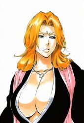 1girls accurate_art_style accurate_body_type ai_generated annoyed between_breasts big_breasts black_kimono bleach blue_eyes breasts busty cel_shading chain_necklace chains cleavage clothed clothing collarbone female female_focus female_only front_view furrowed_brow hair_over_shoulder half-closed_eyes highres japanese_clothes jewelry kimono large_breasts light-skinned_female light_skin line_art long_hair looking_to_the_side manga_style matsumoto_rangiku mature_female mole mole_under_mouth necklace neutral_expression no_bra orange_hair parted_lips pink_scarf portrait scarf shihakusho shinigami shiny_hair shiny_skin simple_background solo solo_focus standing tite_kubo_style traditional_clothes upper_body wavy_hair white_background