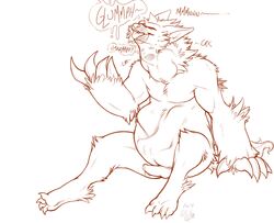 anthro belly bulge canine claws cownugget cum erection mammal monster oral_vore penis sitting soft_vore stomach_bulge swallowing tongue tongue_out vore were werewolf whit