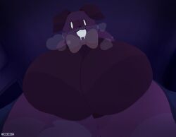 2026 absurd_res animate_inanimate anthro artist_name barely_visible_genitalia barely_visible_vulva big_breasts biped bodily_fluids bow_tie breasts breath canid canine canis cocoaberry dark detailed_background digital_drawing_(artwork) digital_media_(artwork) domestic_dog drooling featureless_breasts female floppy_ears folded_ears freckled_face freckles front_view genitals hi_res huge_breasts huge_thighs inside lineless living_plushie looking_at_viewer lovedoll_toy_factory low-angle_view mammal nude nude_female open_mouth plushie poochi_(cocoaberry) saliva solo text thick_thighs vertical_bar_eyes vulva