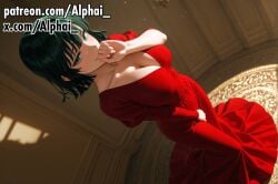 2025 2026 absurd_res absurdres ai_generated alphai ballroom blush blush_lines cinematic_lighting colorful_background depth_of_field detailed_background detailed_hair detailed_skin dramatic_shadows embarrassed female from_above fubuki_(one-punch_man) fubuki_(one_punch_man) full_body hand_on_mouth high_quality high_resolution highres indoors naughty_face one-punch_man one_punch_man particles patreon raised_eyebrows red_dress semirealistic side_angle skindentation solo standing volumetric_lighting