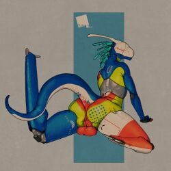 abstract_background anthro anus ass backsack balls big_butt blue_background blue_body cuntboy cybernetics cyborg dinosaur flowerdino full-package_cuntboy genitals green_body grey_background herm hermaphrodite hi_res intersex intersex_anthro machine maleherm maleherm_anthro multi_genitalia multicolored_body nonbinary_(lore) nude_anthro orange_body penis prehistoric_species pussy rear_view reptile robot_anthro scalie simple_background solo synthetic tail_anus thick_thighs vulva wide_hips