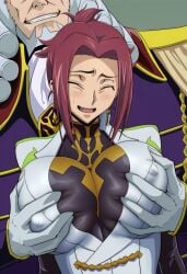 1boy 1girls age_difference ai_generated alternate_timeline big_breasts breast_grab breasts charles_zi_britannia code_geass female grabbing_breasts grabbing_from_behind groping huge_breasts kallen_stadtfeld knights_of_the_round male netorare nipple_bulge old_male older_male older_male_and_younger_female red_hair uniform younger_female