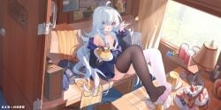 absurdres artist_name asymmetrical_legwear black_thighhighs blue_eyes blue_flower blue_hair blue_rose cake cake_slice can curtains desk_lamp female flower food hat heterochromia highres holding holding_spoon ice_cream lamp long_hair military_vehicle mismatched_legwear motor_vehicle ningmeng_jing_jing_jing_jing open_mouth original pleated_skirt pudding red_eyes rose skirt soles solo spoon suitcase tank thighhighs very_long_hair white_thighhighs