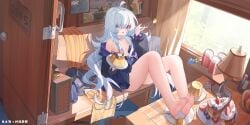 absurdres artist_name barefoot blue_eyes blue_flower blue_hair blue_rose cake cake_slice can curtains desk_lamp female flower food hat heterochromia highres holding holding_spoon ice_cream lamp long_hair military_vehicle motor_vehicle ningmeng_jing_jing_jing_jing open_mouth original pleated_skirt pudding red_eyes rose skirt soles solo spoon suitcase tank very_long_hair