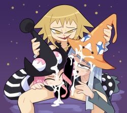 1futa 3girls black_dress blank_censor blonde_hair blush closed_eyes cooperative_fellatio cum cum_in_mouth cum_on_hair cum_on_tongue dress erection eruka_frog facial fellatio fff_threesome futa_with_female futanari grey_eyes grey_hair group_sex hat licking licking_penis long_hair long_tongue looking_at_viewer medusa_gorgon miscon mizune multiple_girls open_mouth oral pantyhose penis penis_on_face pink_hair short_hair sitting smile soul_eater striped_clothes striped_dress striped_pantyhose teamwork testicle_sucking testicles threesome tongue tongue_out witch_hat yellow_eyes