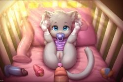 jaylus_ai_testing ai_generated young cub furry feline on_back bed pacifier presenting presenting_hindquarters female pussy