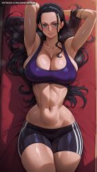 abs ai_generated armpits arms_behind_head arms_up bike_shorts black_hair blue_eyes breasts cleavage collarbone dandanhub female female_only forehead hair_slicked_back huge_breasts large_breasts long_hair looking_at_viewer lying midriff navel nico_robin on_back one_piece parted_lips shorts smile solo sports_bra stomach sweat tan thighs toned