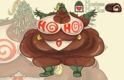 1girls ass belly breasts cleavage dark-skinned_female dark_skin english_text fat feathers female female_focus female_only food food_creature green_eyes green_hair hips ho-hos ho_ho_fuku hostess hyper hyper_ass hyper_breasts jspeach7 large_ass large_breasts lips overweight overweight_female stomach text thick_thighs thighs weight_gain wide_hips