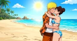 1boy 1girls ai_generated beach bikini blonde_hair breasts brown_eyes cleavage closed_eyes couple cuddling curvaceous curvy curvy_female curvy_figure double_bun female jacket kissing male male/female naruto_(series) naruto_shippuden ocean outdoors romantic romantic_couple sand seaside shirt short_hair shorts straight sunset swimsuit tenten thighs tied_hair toned toned_male twin_buns uzumaki_naruto water whisker_markings whiskers
