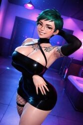 1girls 3d 3d_(artwork) abby_(oc) ai_generated big_ass big_breasts busty cleavage fishnets glasses green_hair halter_dress halter_top halterneck pixie_cut radnsad short_hair solo solo_female solo_focus tattoo tattoos thick_ass thick_thighs tomboy toned toned_body toned_female