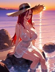 1girls ai_generated arm_support balecxi bare_shoulders beach blurry_background breasts cleavage clothing collarbone covered_navel curvaceous curvaceous_female curvaceous_figure curvy curvy_figure dress evening eyeshadow female female_focus female_only forked_tongue green_eyes hair_between_eyes half-closed_eyes halterneck hat horizon inviting katarina_du_couteau large_breasts league_of_legends long_hair looking_at_viewer makeup ocean open_mouth outdoors partially_submerged presenting presenting_ass presenting_breasts presenting_hindquarters presenting_self red_hair reflection rock scar scar_across_eye scar_on_face seductive seductive_look seductive_smile see-through shiny_clothes shiny_skin short_dress sitting sitting_on_rock sleeveless_dress smile soaking_feet solo straw_hat sun sun_hat sundress sunset teeth thighs tongue tongue_out tongue_piercing voluptuous voluptuous_female water wet wet_clothes wet_dress white_dress